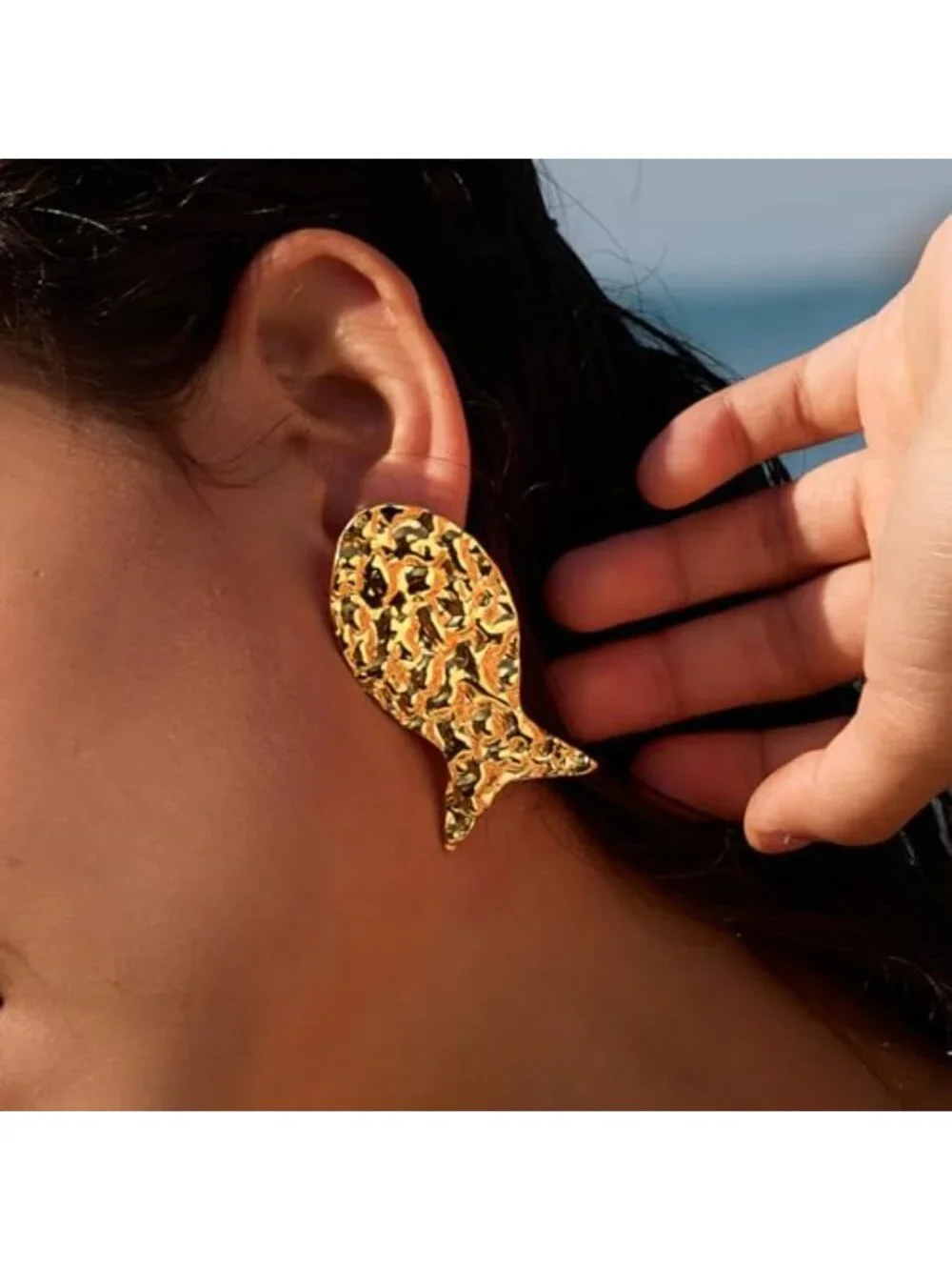Hammered Chunky Fish Earrings Stainless Steel Statement